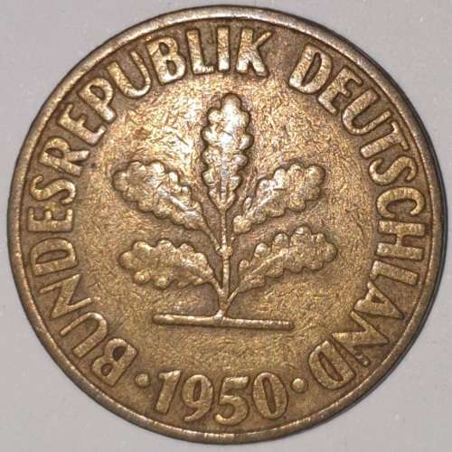 1950 D - 10 PFENNIG - TEN PFENNIG - GERMANY - FEDERAL REPUBLIC - (Brass Clad Steel) KM# 108